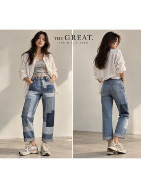 THE GREAT Women's The Billy Jean Patchwork Striped Denim Jeans Blue 27